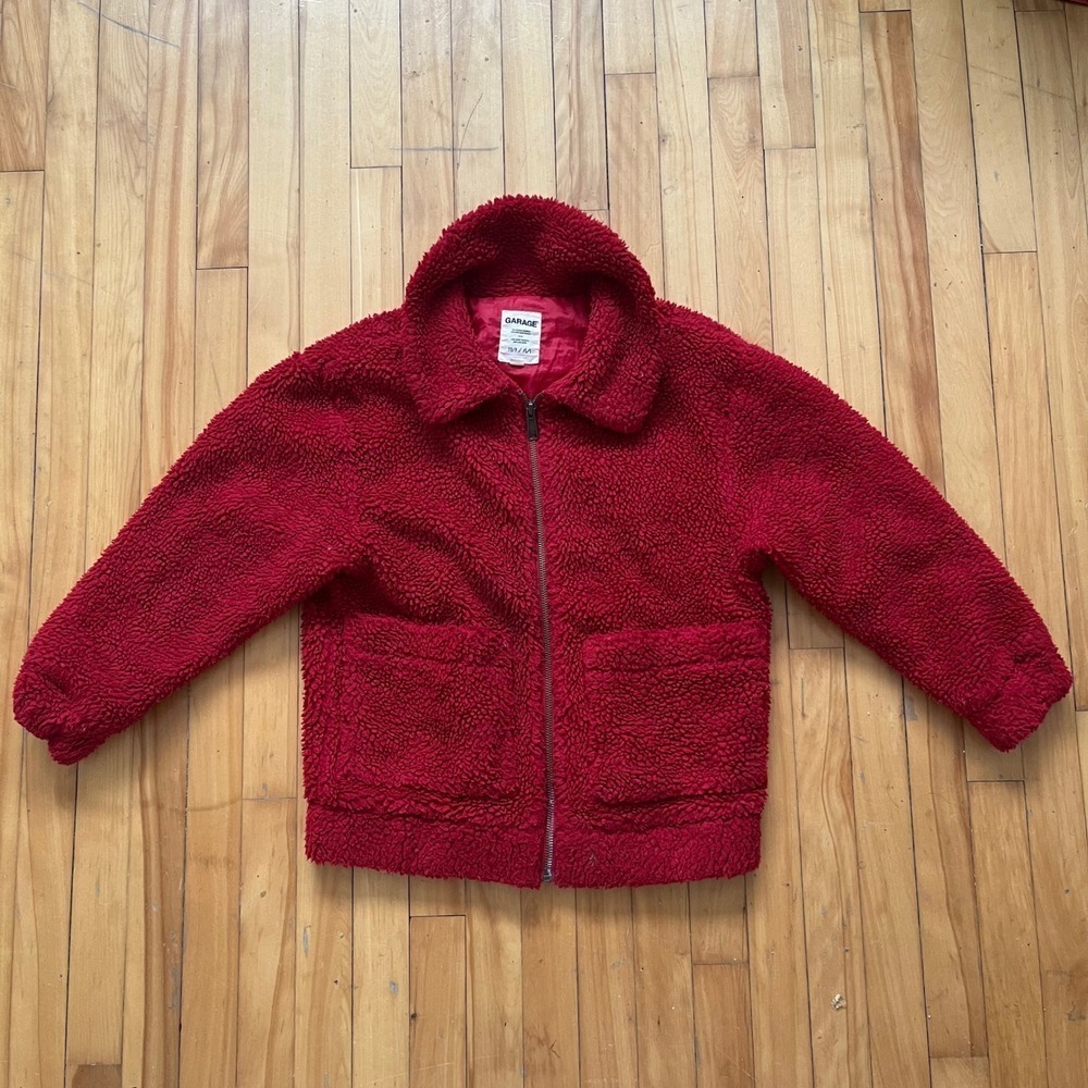 GARAGE Fuzzy Teddy Fleece Zip Up Jacket Crimson Red Cozy Warm Winter Outerwear